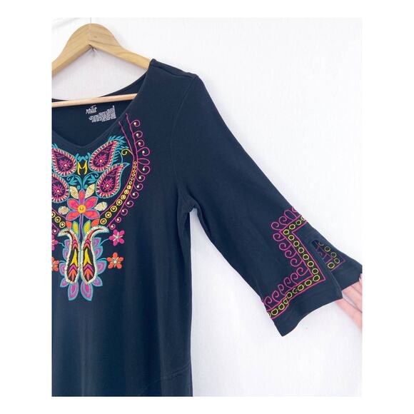 Patio Casuals Boho Patio Dress Small Black Embroidered Stretch Jersey Dress Midi - Picture 3 of 6